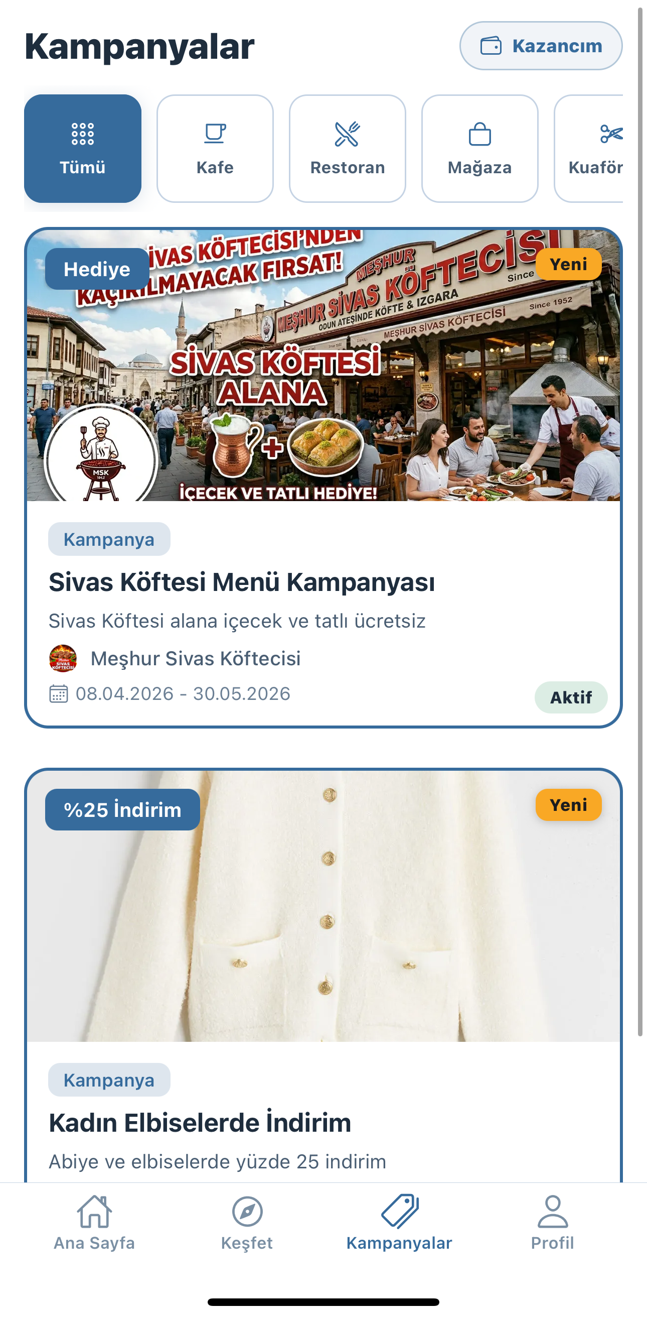 Kampanyalar ekran görüntüsü